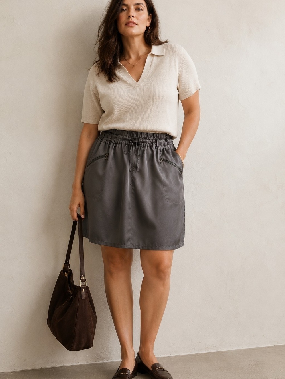 Autre Ton Gray Satin Skirt Utility Minimalist Quiet Luxury EU 46 US 14/16